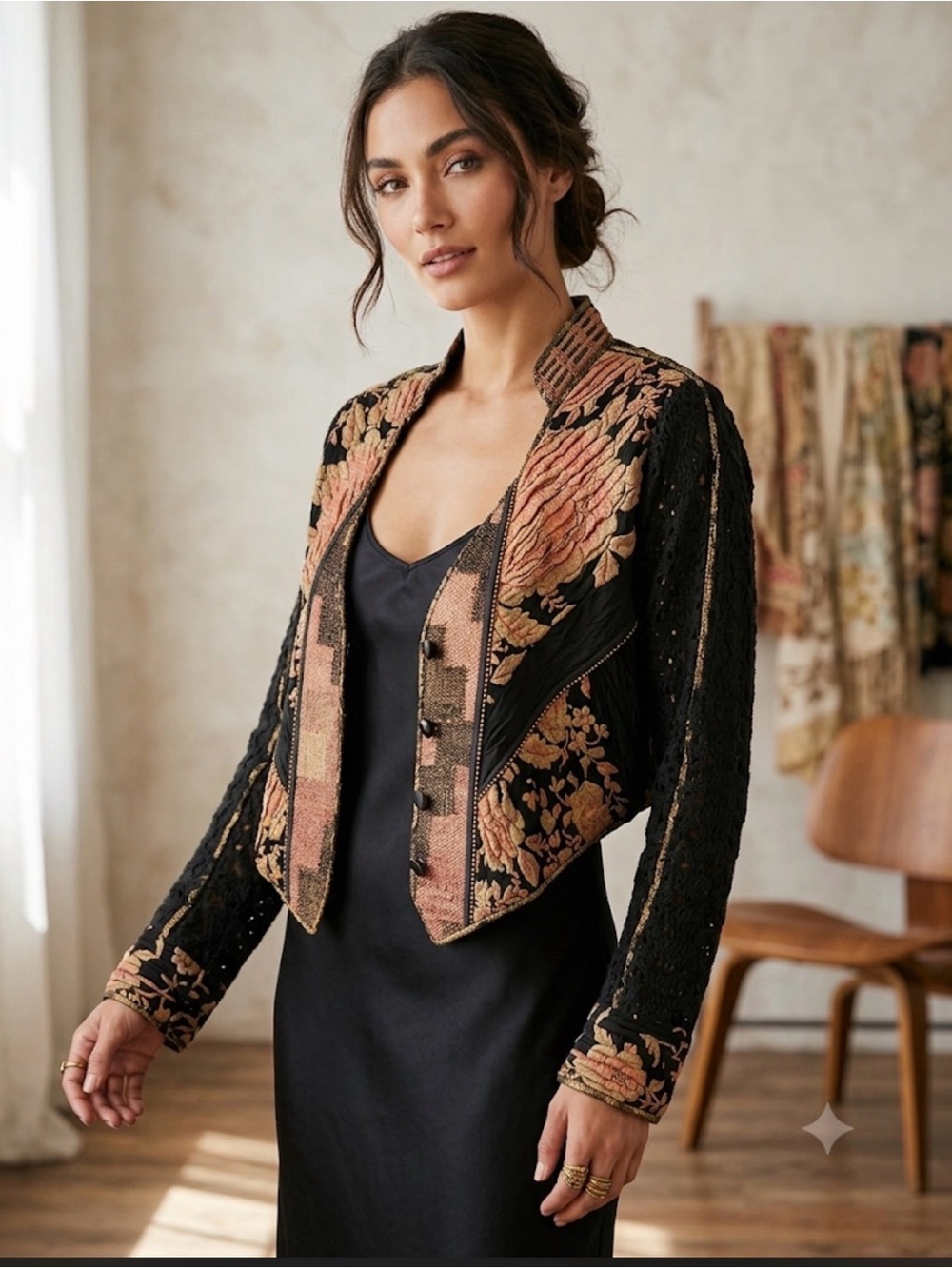Vintage Kaneko Los Angeles Black & Peach Embroidered Cropped Jacket